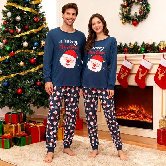 Matching Couples Pajama Set Snowman Santa Print Long Sleeve Sleepwear - Picture 2 of 4